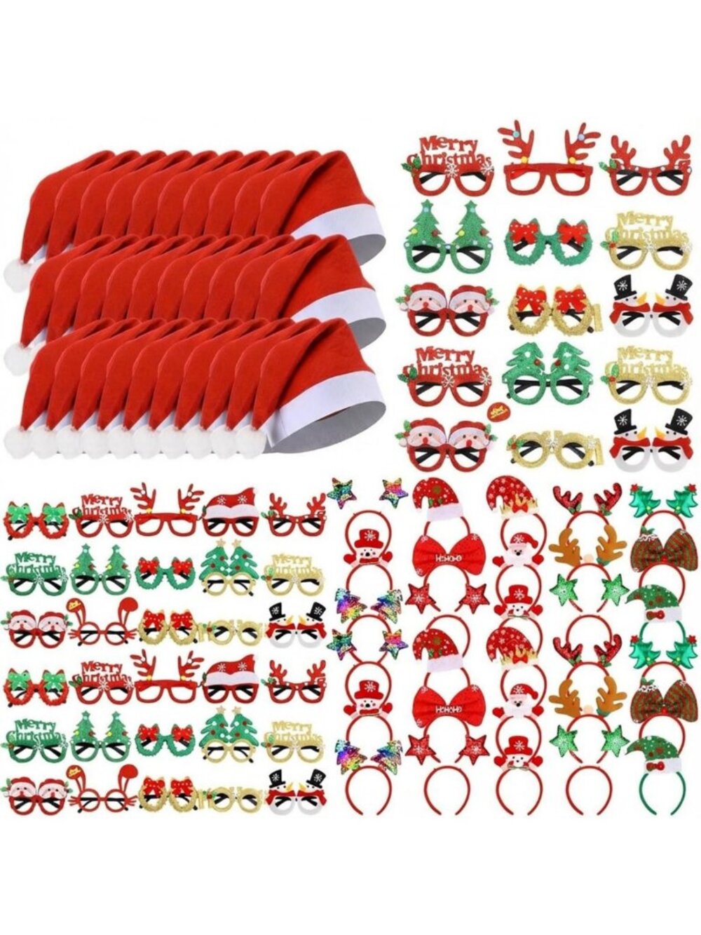150Pcs Christmas Party Favors Set - Santa Hats, Glasses & Headbands for Holiday